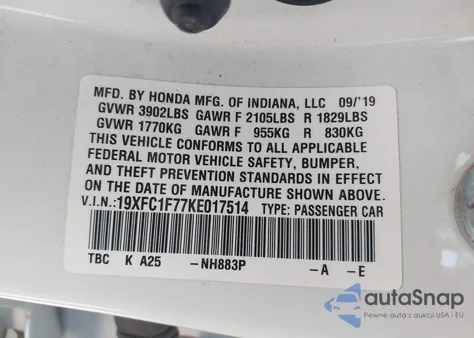 2019 Honda Civic Ex-L z USA, uszkodzony, nr VIN 19XFC1F77KE017514